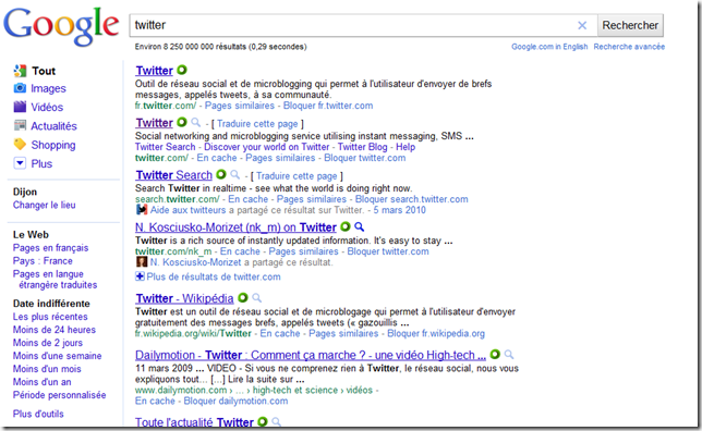 Capture d'ecran d'une recherche sur le mot clé Twitter